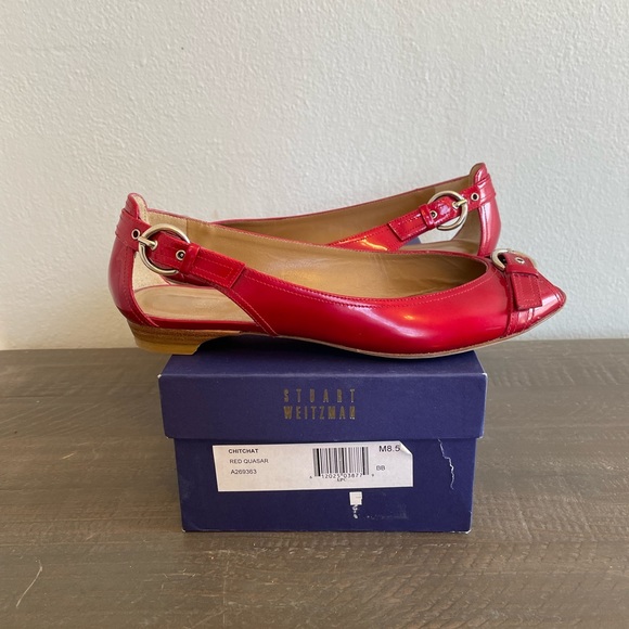Stuart Weitzman Red Patent Leather Peep Toe Flats Size 8.5 with box. - Picture 7 of 9